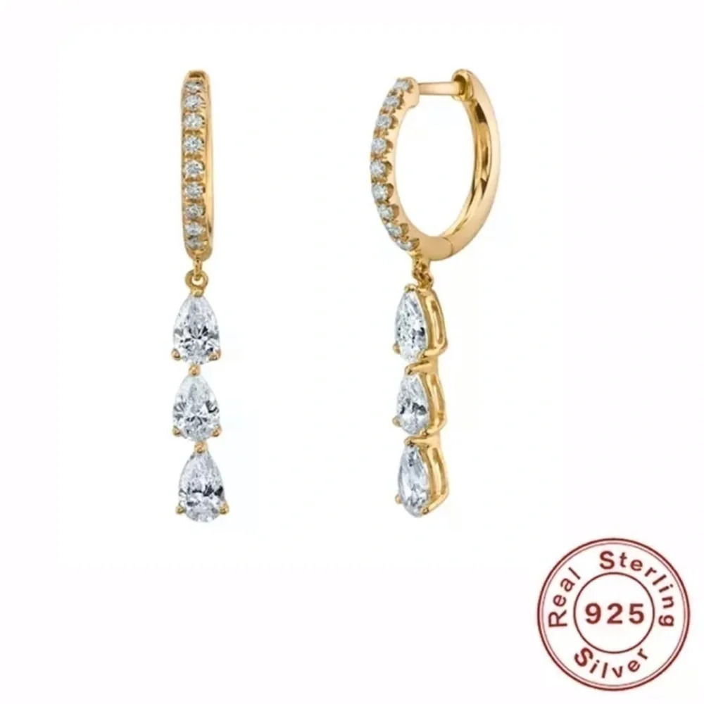 18K Gold Crystal Tear Drop Huggie Hoop Earrings - Picture 1 of 6